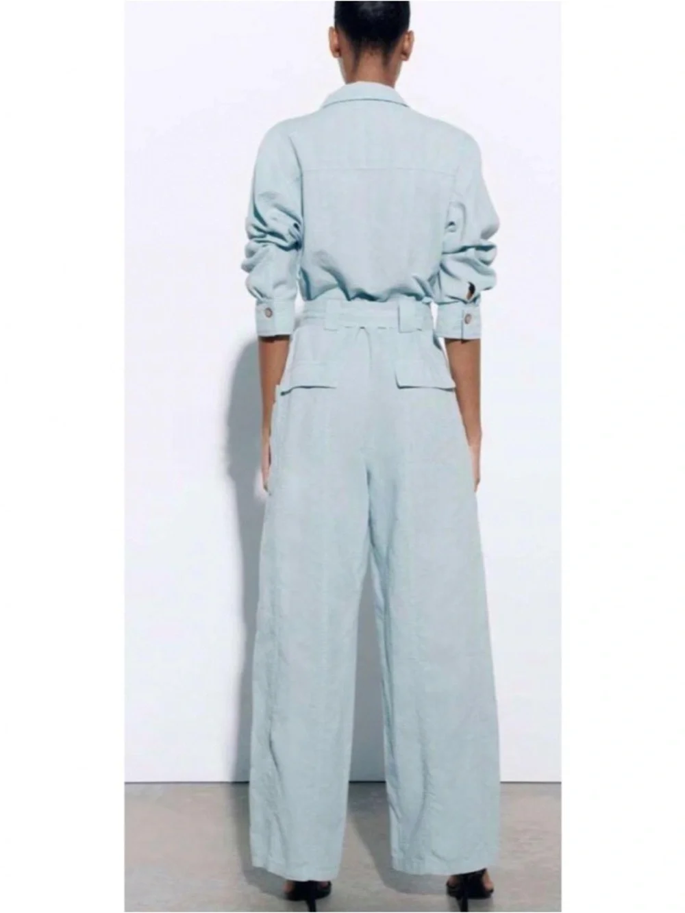 ZARA WIDE LINEN BLEND CARGO JUMPSUIT